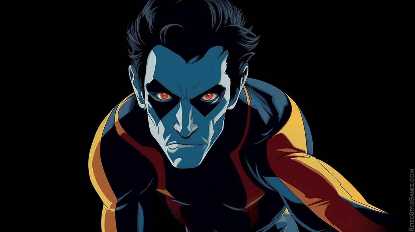 Close-up of a superhero with a striking blue and red facial design