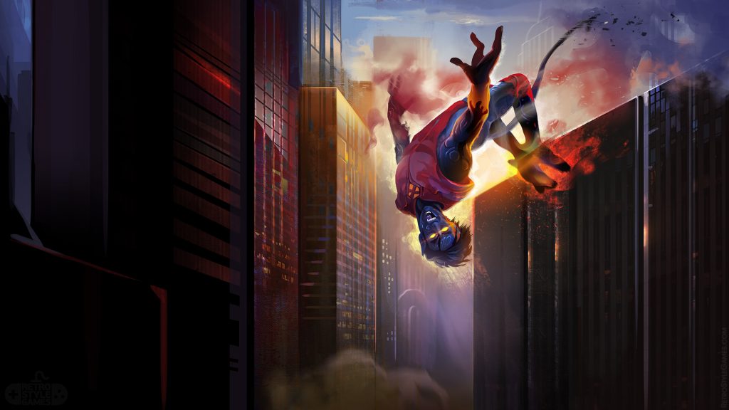nightcrawler fan art, x men, somersaulted against a backdrop of skyscrapers
