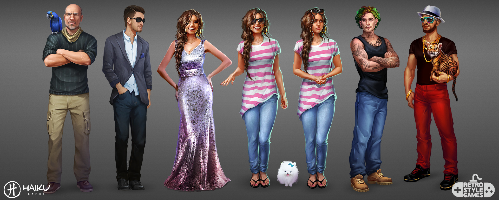 Variety of animated characters including a man with a parrot, fashionable young men, and smiling women in vibrant outfits, alongside a fluffy white creature