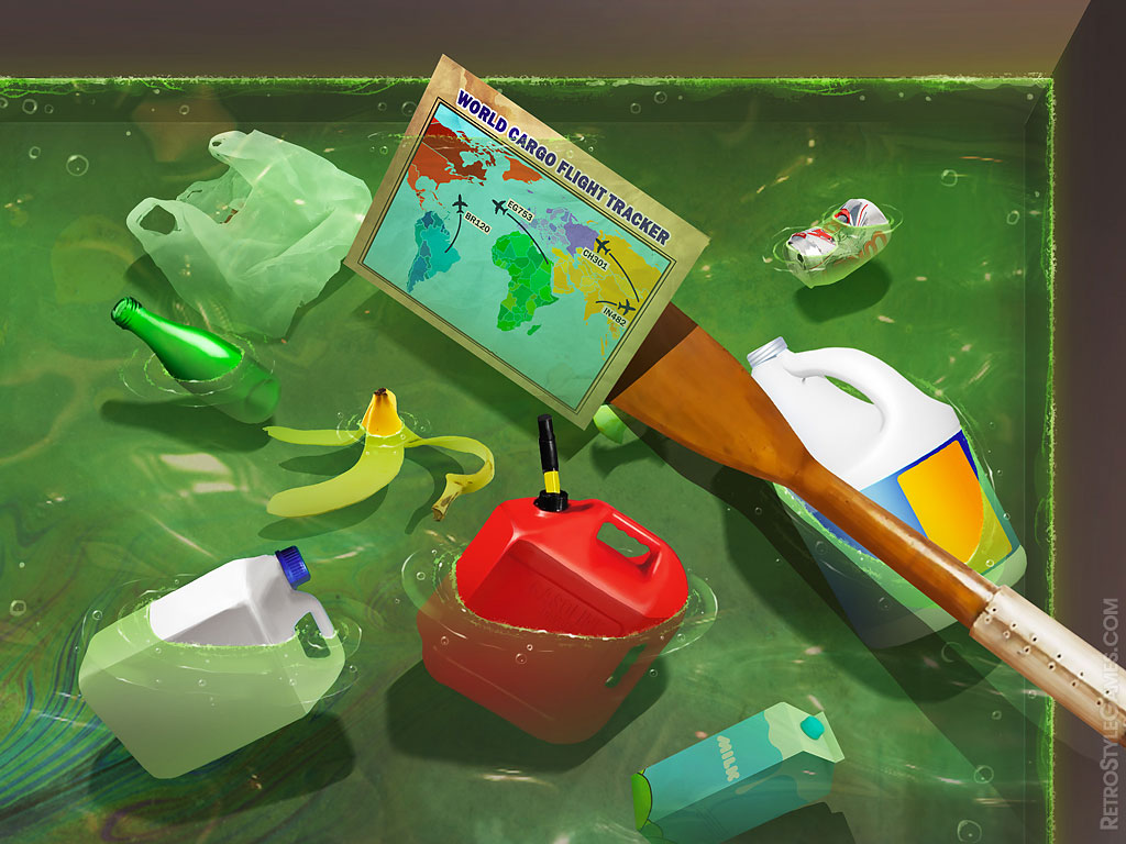 Polluted water filled with trash including a banana peel, bottles, a fuel can, and a floating map titled 'World Cargo Flight Tracker