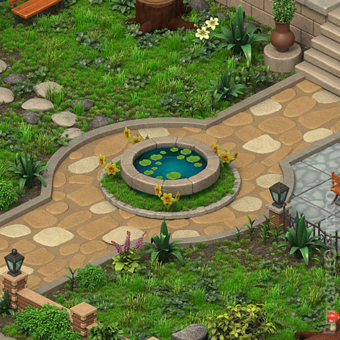 a garden with a pond and a bench, isometric game art
