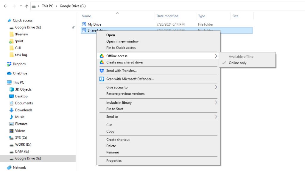 Shared Drives file explorer windows