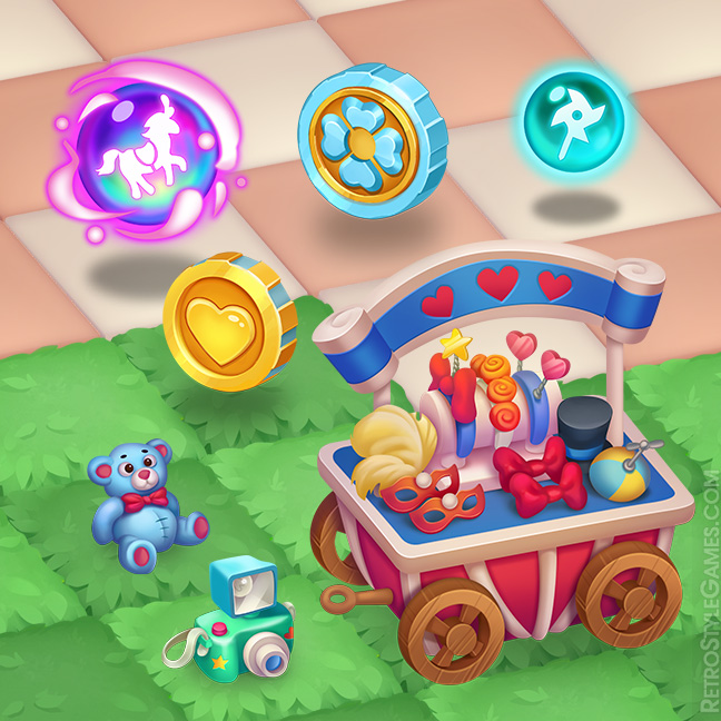 a cart with a lot of props on it, coins and boosters, Isometric Viewpoint