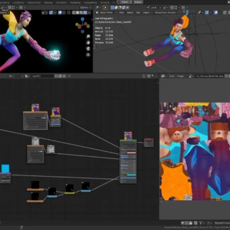 a computer screen with 3D animation of a cyberpunk character in Blender