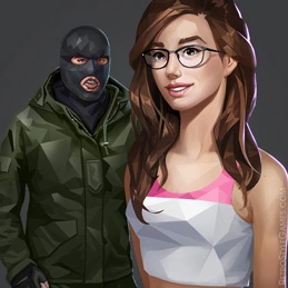 a woman in a pink top and a man in a black mask, 2D character blender