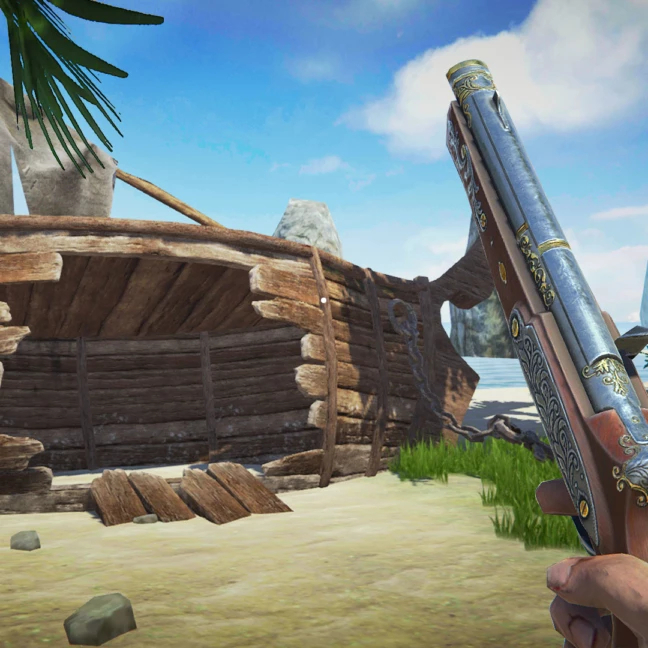 a person holding a gun in a island, video game design