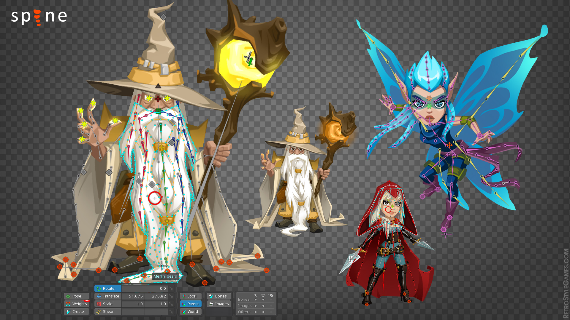 2D character animation of fantasy characters, wizard, female assasin, butterfly