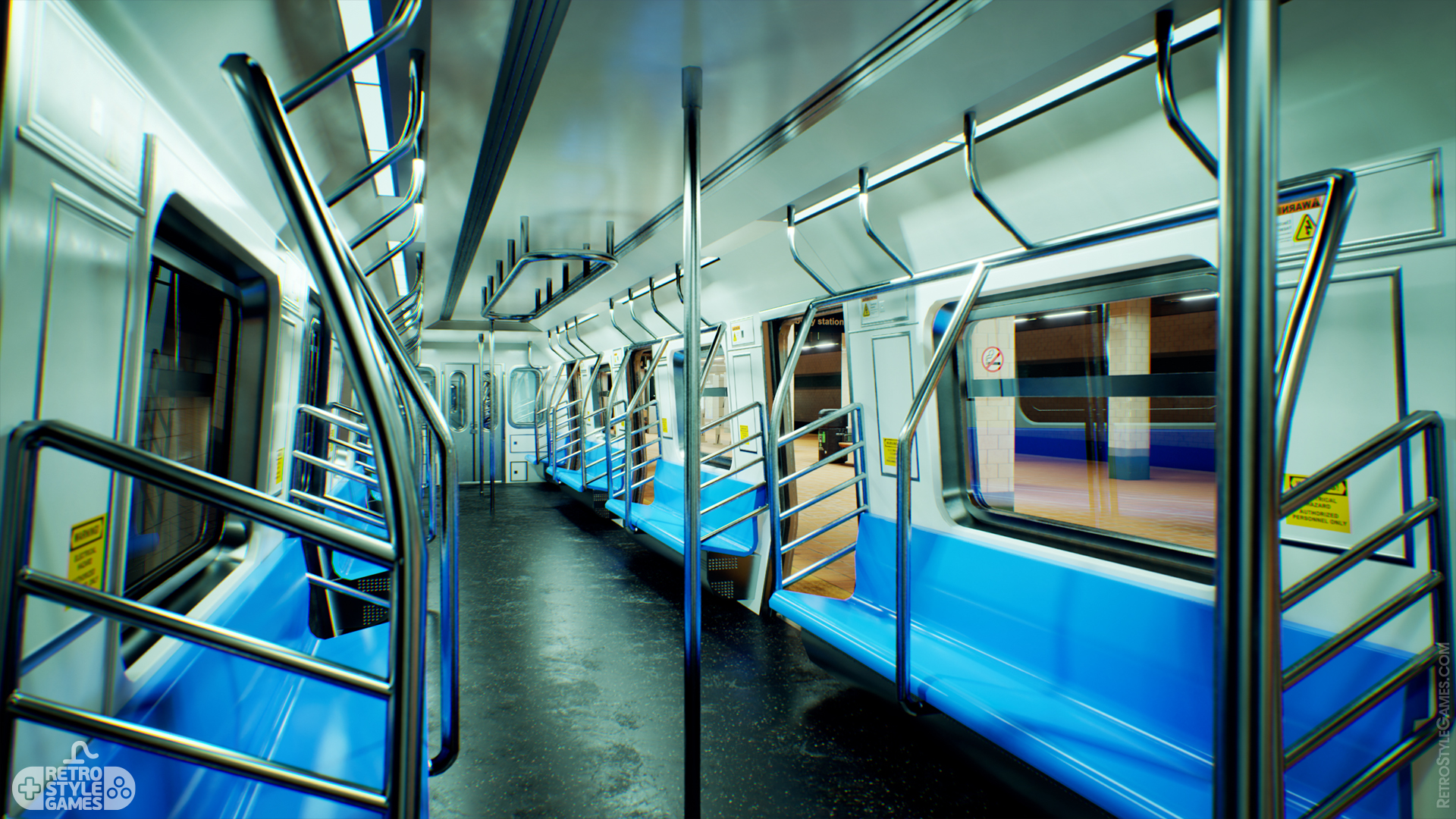 Empty modern subway train interior with blue seats, handrails, and clear signage