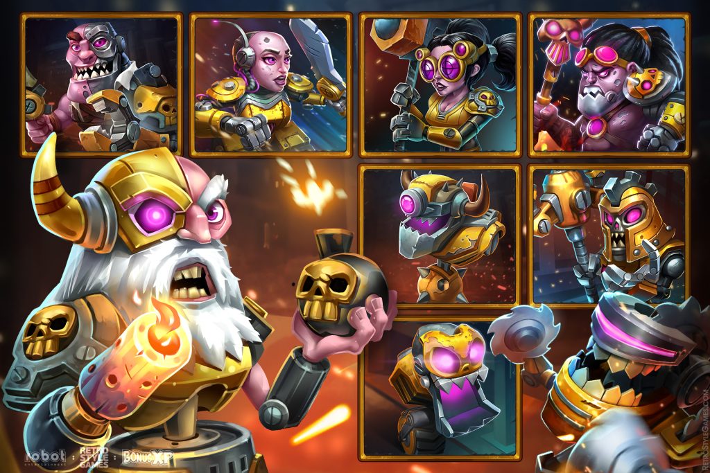 Collection of animated steampunk and robotic characters showcasing vibrant colors, intricate designs, and dynamic expressions