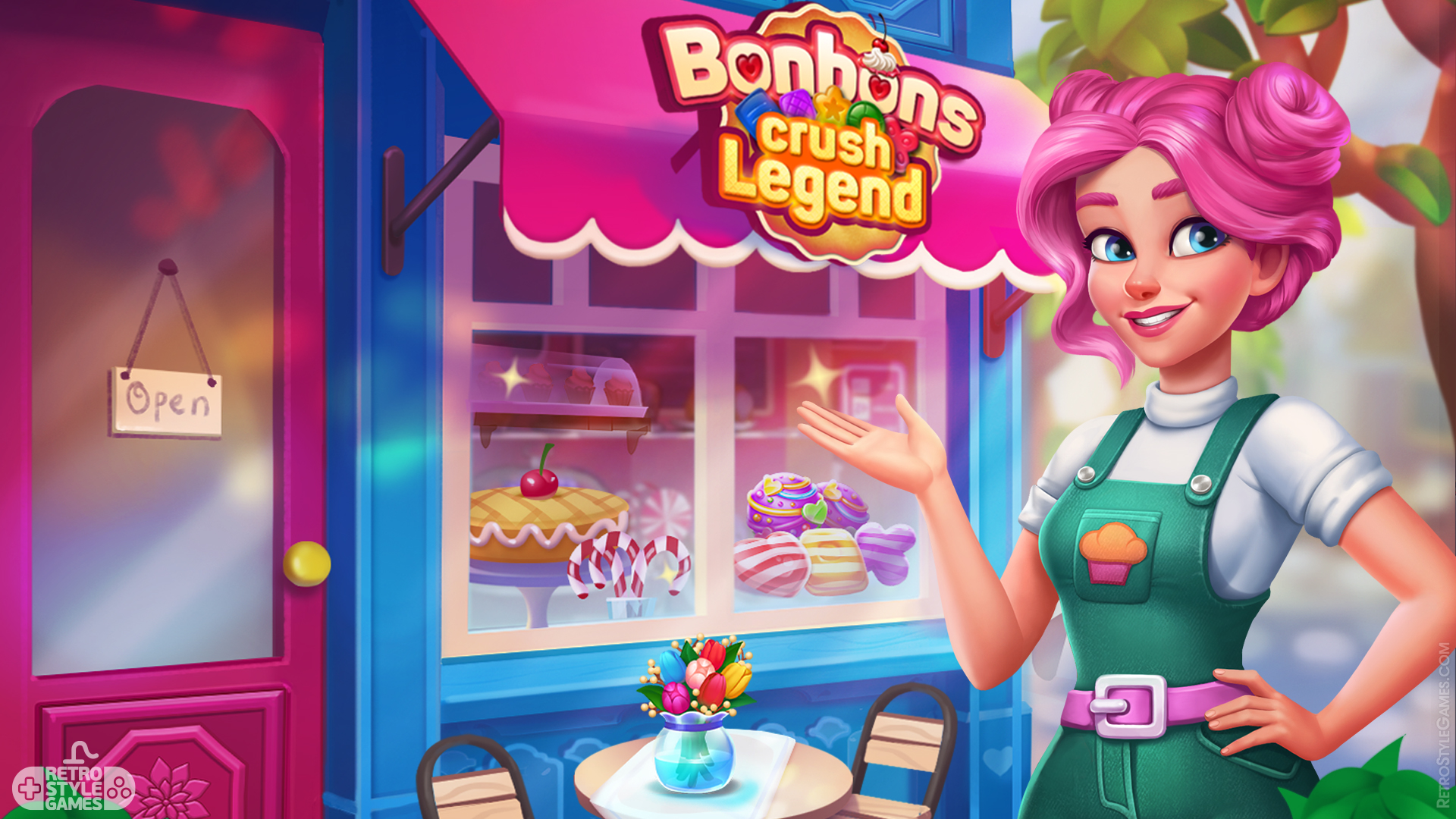2d game art services, female anime game character character, cafe background