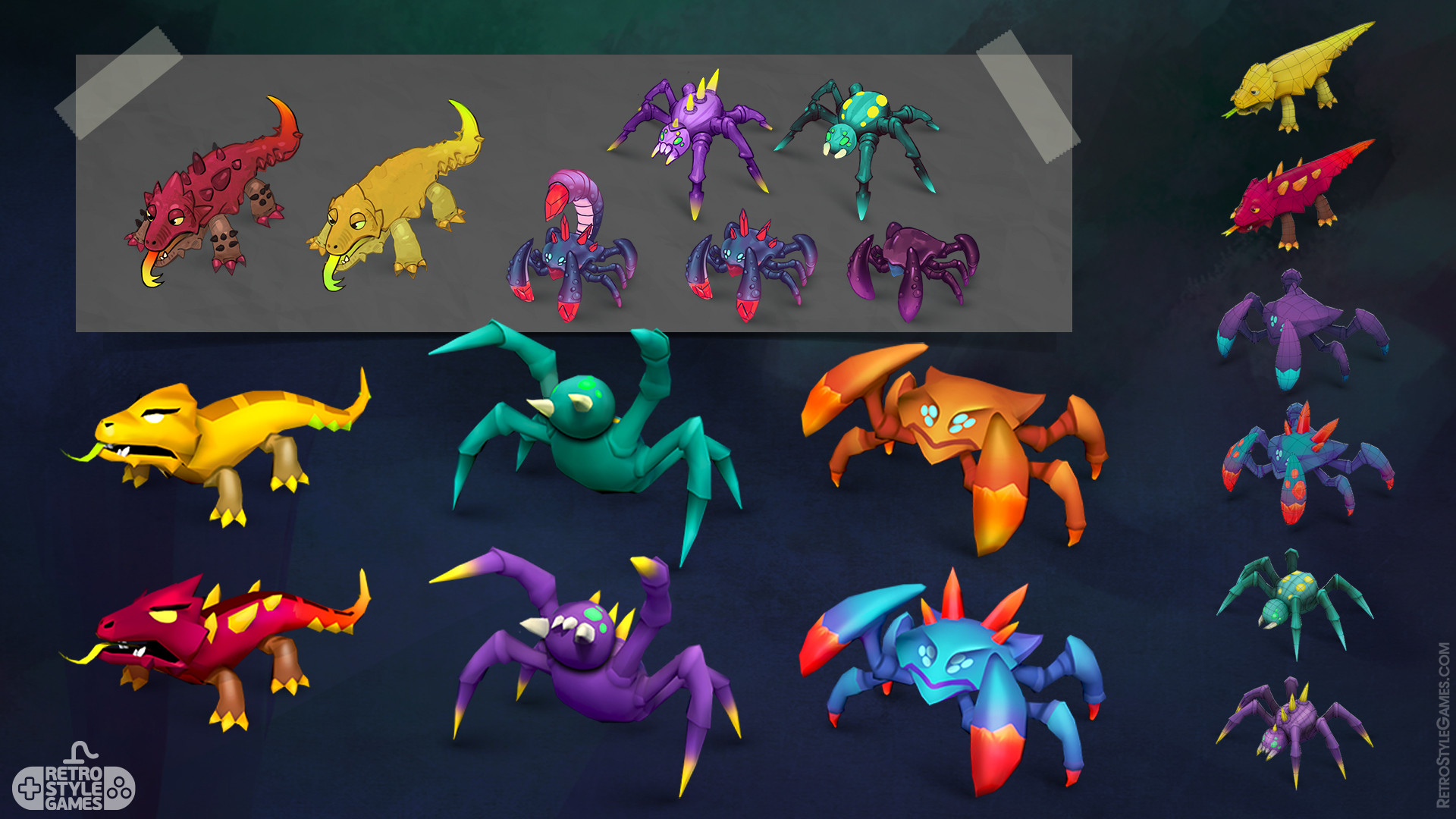3d concept sheet of monster characters, poisonous spider, snake with multiple heads, lizard beast monster