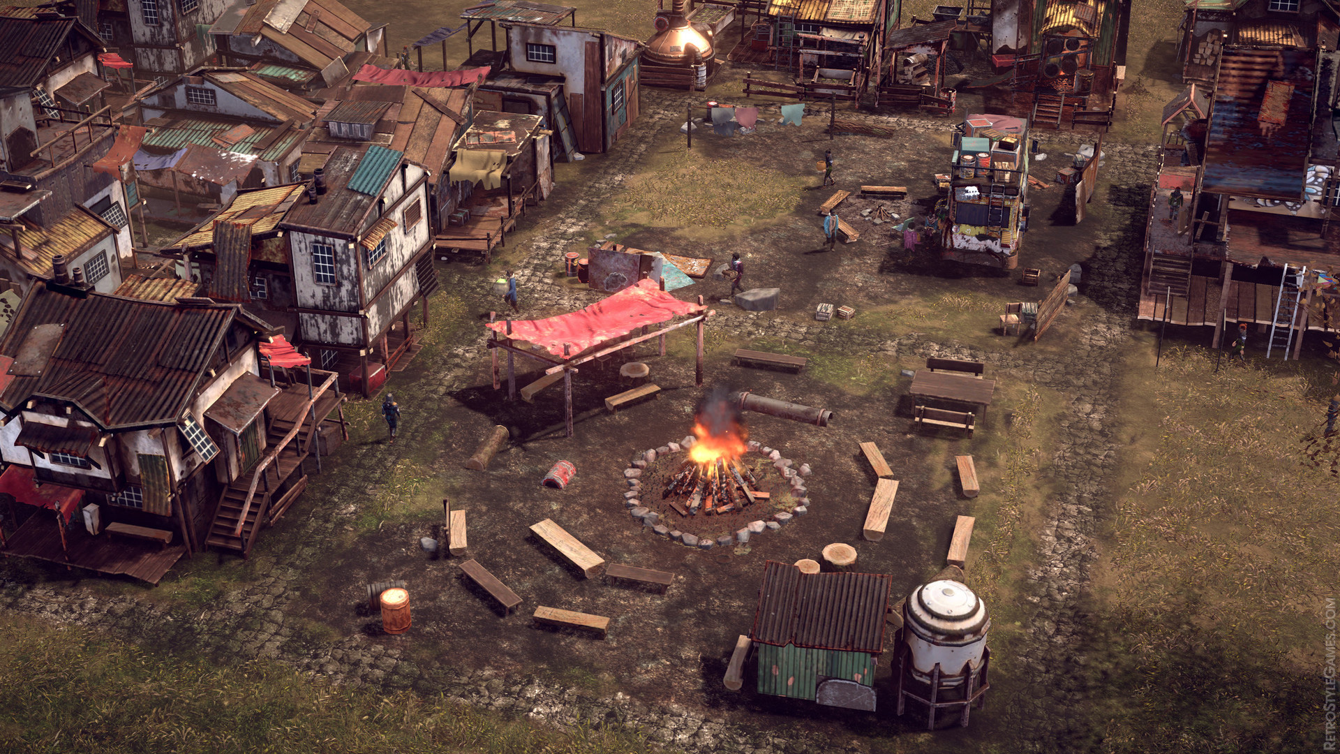 Post-apocalyptic rts game scene with detailed shanty buildings and real time strategy gameplay elements
