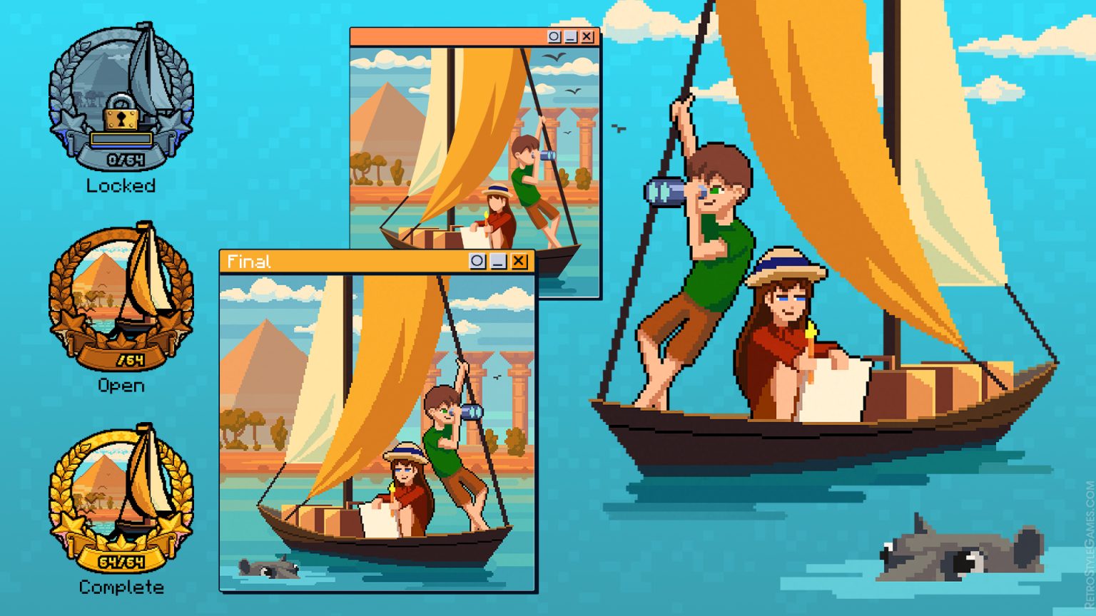 Pixel art scene with a sailboat