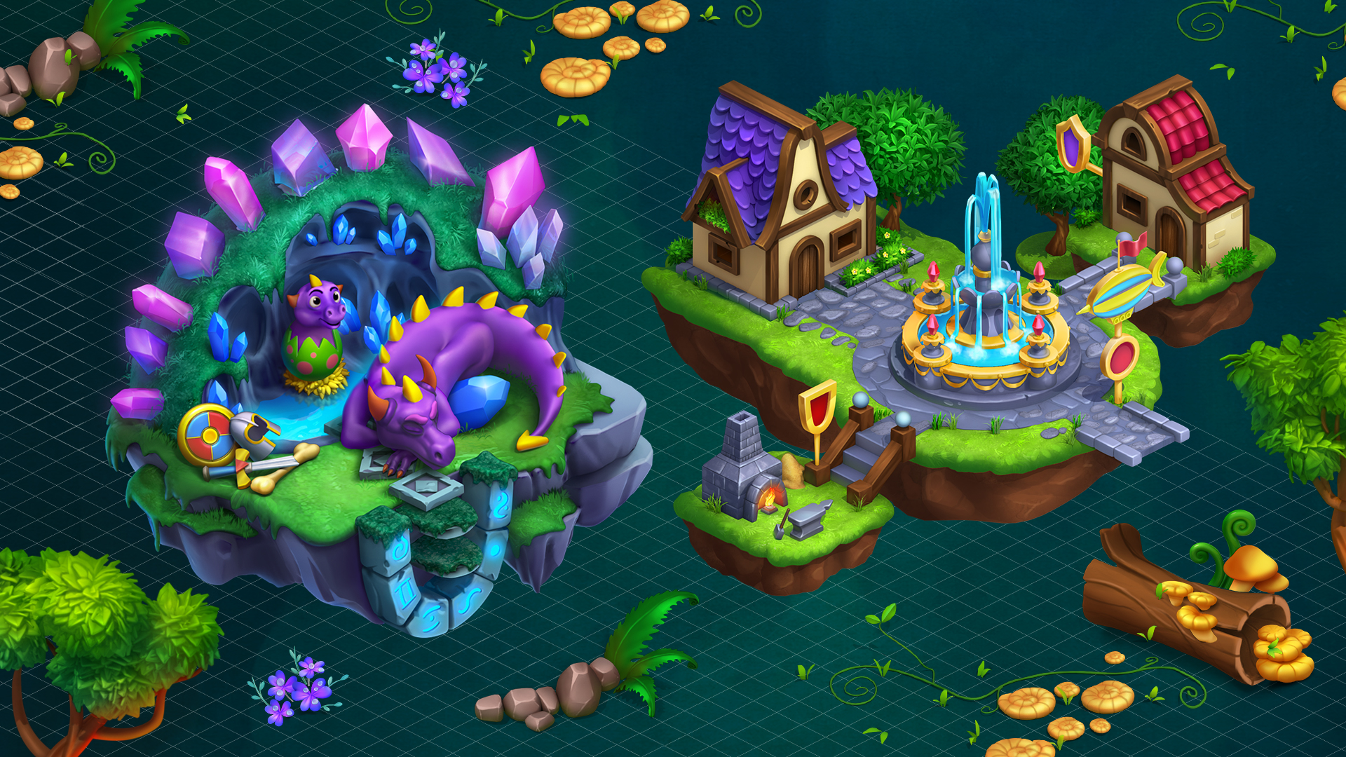Colorful isometric game art of a fantasy island with dragons, treasure, and cartoon stylized buildings, Isometric RPG mock up