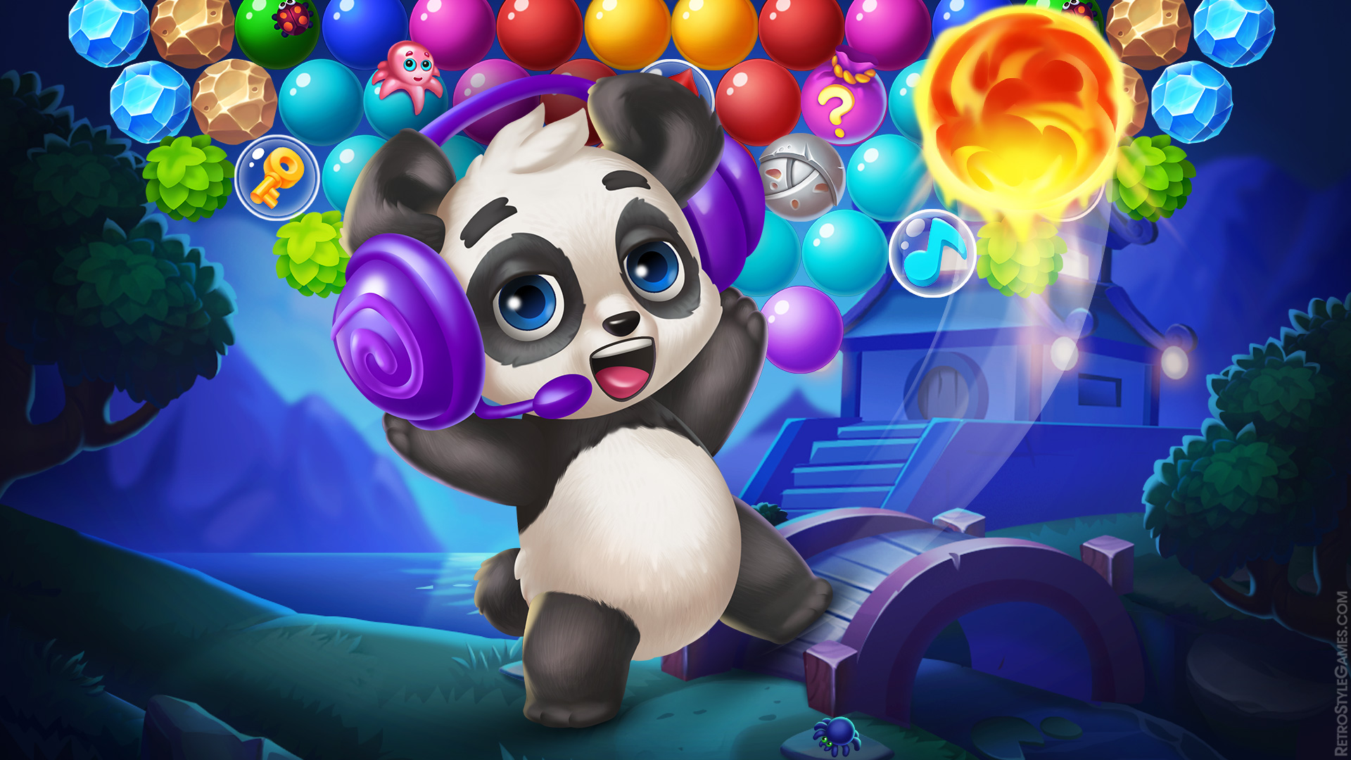 Cute panda with headphones playing with colorful bubbles, a nighttime 2D gaming background from TOP iOS Game Development studio