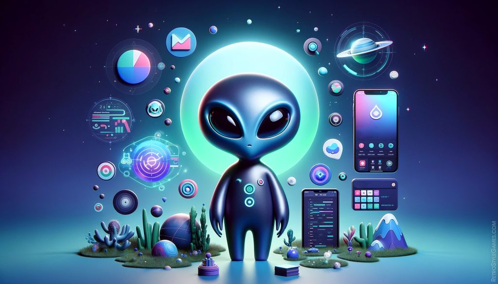 Fantasy alien character surrounded by app optimization icons for ASO Soft Launch services game monetization strategy