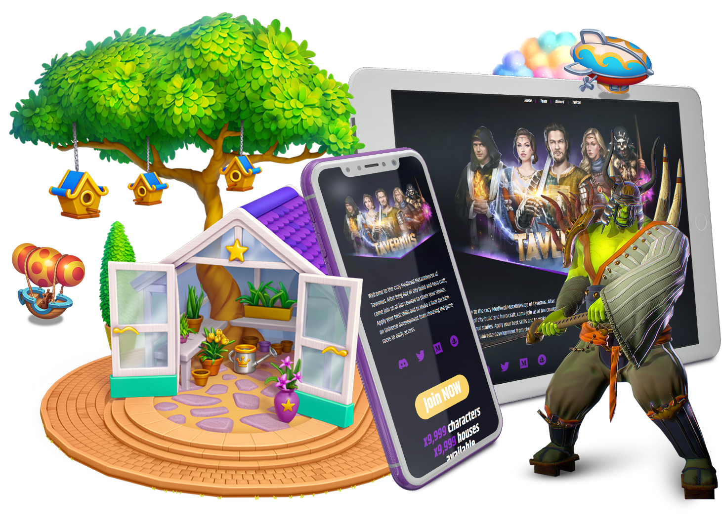 Make a game website using professional services, A fantasy character in the background of a tablet and IOS smartphone