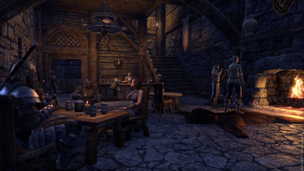 Fantasy RPG tavern bustling with diverse characters, reminiscent of Skyrim's interactive worlds
