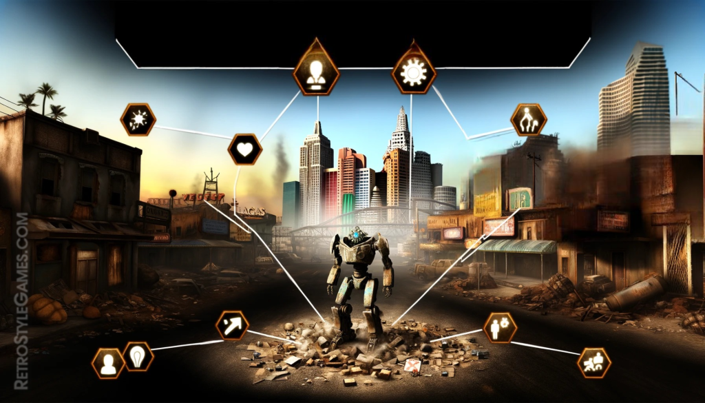 A robot in front of a post-apocalyptic city with various icons, highlighting the features of character development in Fallout New Vegas