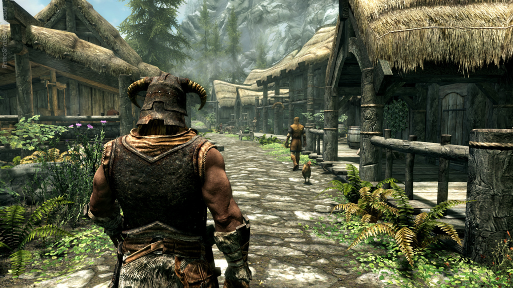 Main character in the homevillage, comparison of Valheim and The Elder Scrolls V Skyrim mythical and fantasy game art