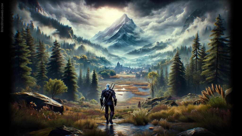 Main character at dark forest, comparison of Valheim and The Witcher 3 Wild Hunt open world
