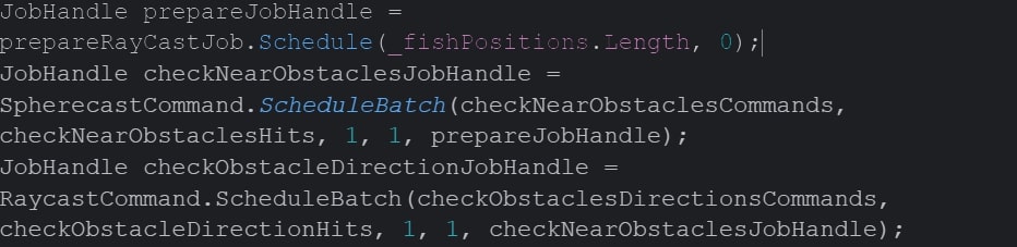 Reference to the JobHandle of the previous task - JobDependencies