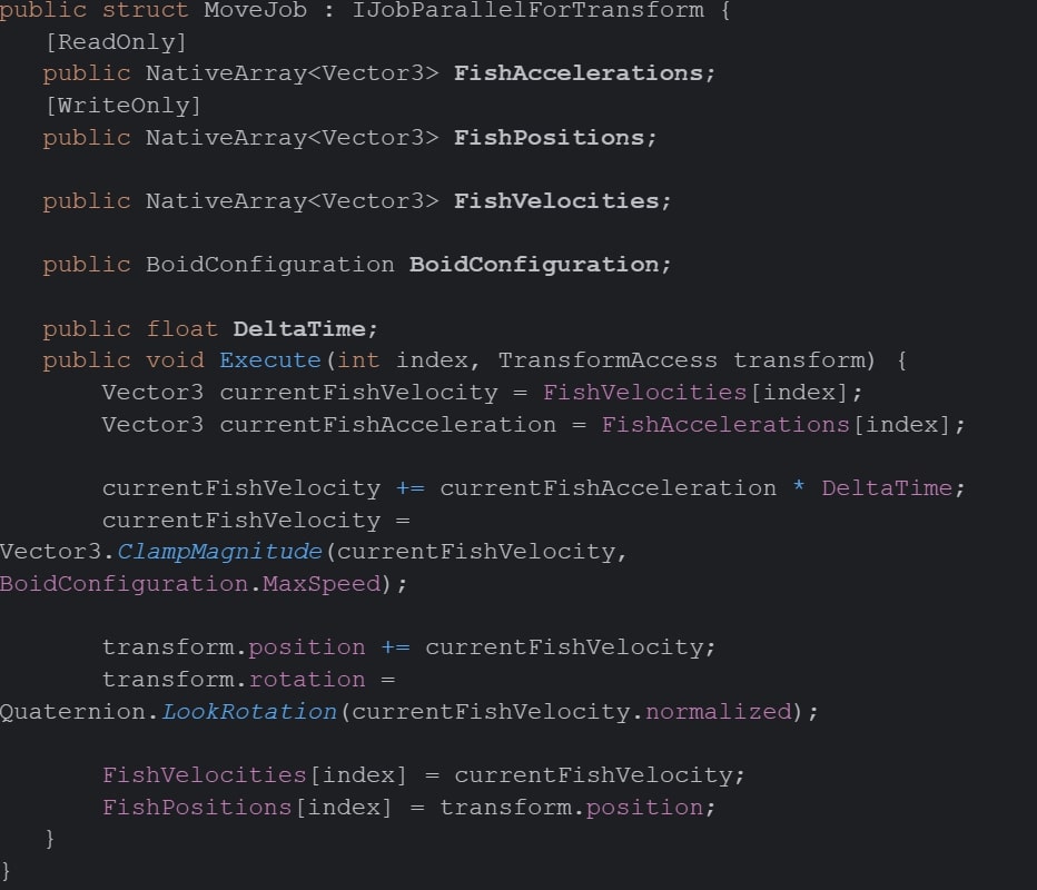 TransformAccess structure, fish movement in Unity Job System