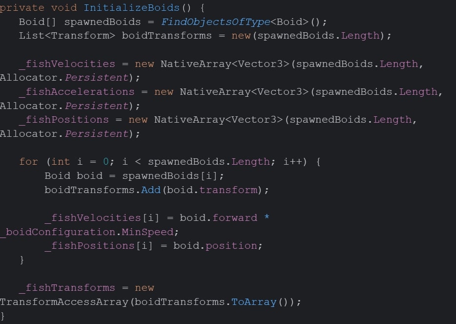 The main thread in Unity JobSystem, how to declare and initialize all the necessary data for the fish