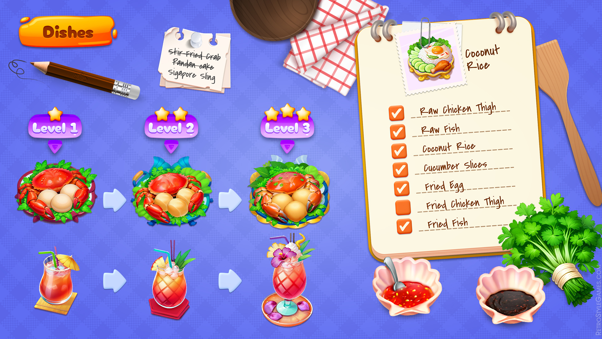 Cooking Empire game design dishes and ingredients icons